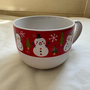 NWOT Snowman Extra Wide Mouth Coffee Mug, White and Red Snowman Print